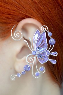 Кафф серьга Фиолетовая бабочка с цирконами