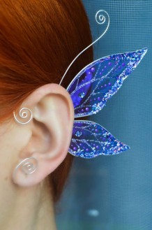 Кафф серьга Синее прозрачное крыло бабочки